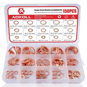 AOKOLL 150Pcs Copper Sealing Washers M22 M20 M18 M16 M14 M12 M10 M8 M6 M5 15 Size Crush Washers Assortment Kit (Copper)