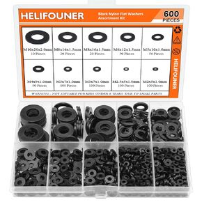 HELIFOUNER 600 Pieces 8 Sizes Black Nylon Flat Washers Assortment Kit - M2 M2.5 M3 M4 M5 M6 M8 M10