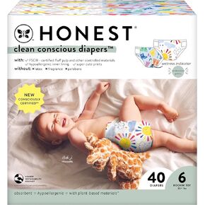 شركة صادقة حفاضات نظيفة واعية | نباتي ومستدام | مطبوعات طبعة محدودة | صندوق النادي، مقاس 6 (+35 رطلاً)، 40 قطعة in Kuwait