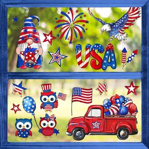 Yovkky 4th of July Gnome Owl Window Clings 9 Sheets, American Patriotic Eagle Truck Window Stickers Decal Decor, USA Independence Memorial Day Summer Holiday Window Glass Home Kitchen Decorations