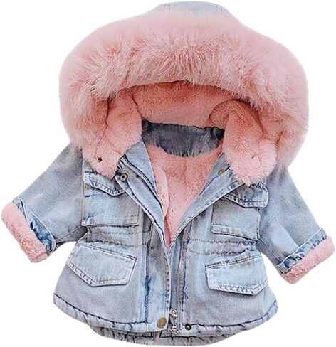 IWEMEK Toddler Girls Faux Fur Collar Denim Jacket Hooded Thicken Fleece Lined Jean Coat Plush Winter Hoodie Outwear Snowsuit in Saudi Arabia