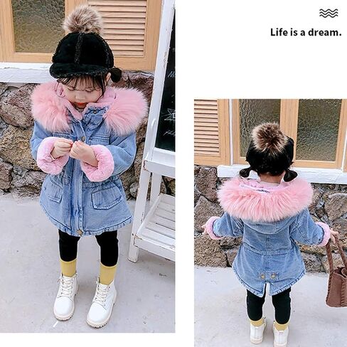 IWEMEK Toddler Girls Faux Fur Collar Denim Jacket Hooded Thicken Fleece Lined Jean Coat Plush Winter Hoodie Outwear Snowsuit in Saudi Arabia