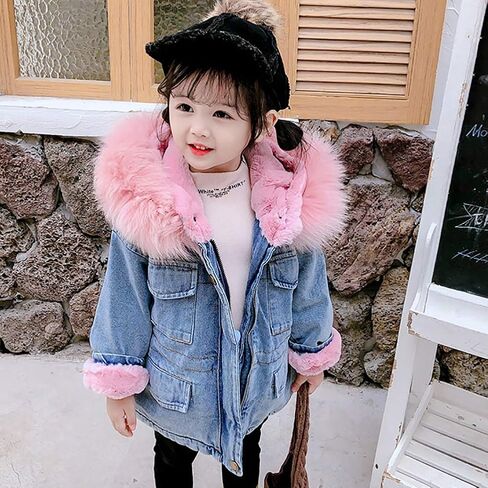 IWEMEK Toddler Girls Faux Fur Collar Denim Jacket Hooded Thicken Fleece Lined Jean Coat Plush Winter Hoodie Outwear Snowsuit in Saudi Arabia
