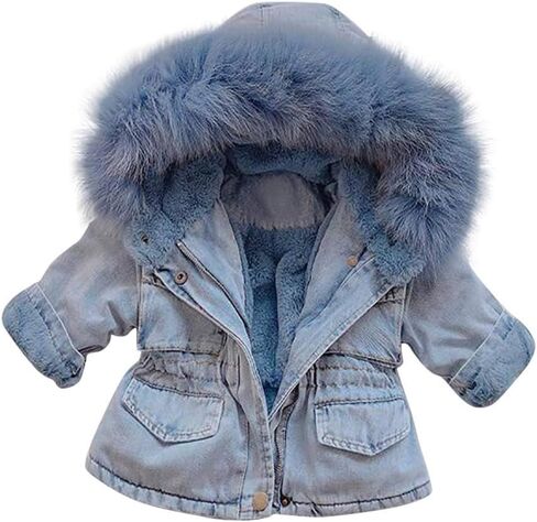 IWEMEK Toddler Girls Faux Fur Collar Denim Jacket Hooded Thicken Fleece Lined Jean Coat Plush Winter Hoodie Outwear Snowsuit in Saudi Arabia