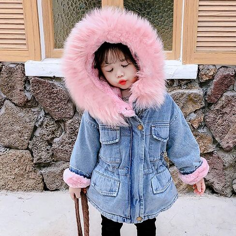 IWEMEK Toddler Girls Faux Fur Collar Denim Jacket Hooded Thicken Fleece Lined Jean Coat Plush Winter Hoodie Outwear Snowsuit in Saudi Arabia