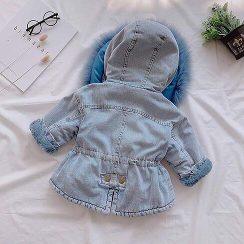 IWEMEK Toddler Girls Faux Fur Collar Denim Jacket Hooded Thicken Fleece Lined Jean Coat Plush Winter Hoodie Outwear Snowsuit in Saudi Arabia
