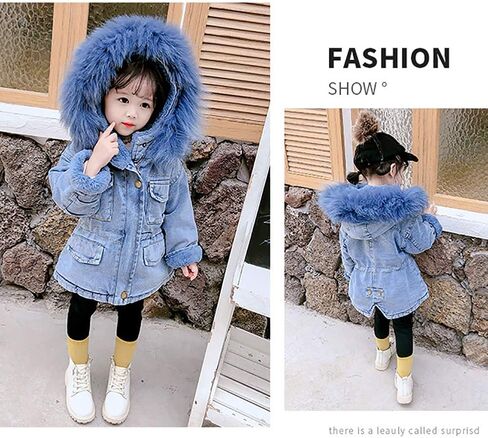IWEMEK Toddler Girls Faux Fur Collar Denim Jacket Hooded Thicken Fleece Lined Jean Coat Plush Winter Hoodie Outwear Snowsuit in Saudi Arabia