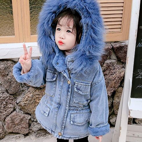 IWEMEK Toddler Girls Faux Fur Collar Denim Jacket Hooded Thicken Fleece Lined Jean Coat Plush Winter Hoodie Outwear Snowsuit in Saudi Arabia