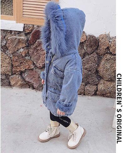 IWEMEK Toddler Girls Faux Fur Collar Denim Jacket Hooded Thicken Fleece Lined Jean Coat Plush Winter Hoodie Outwear Snowsuit in Saudi Arabia