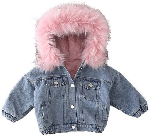 IWEMEK Toddler Girls Faux Fur Collar Denim Jacket Hooded Thicken Fleece Lined Jean Coat Plush Winter Hoodie Outwear Snowsuit in Saudi Arabia