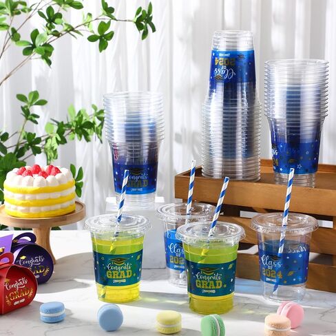 Sliner 100 Set 16 oz 2025 Graduation Plastic Cups with Lids and Straw Disposable Congrats Grad Party Cups for Grad Party Tableware Supplies Decorations(Black) in Saudi Arabia