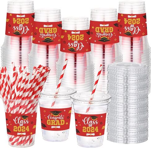 Sliner 100 Set 16 oz 2025 Graduation Plastic Cups with Lids and Straw Disposable Congrats Grad Party Cups for Grad Party Tableware Supplies Decorations(Black) in Saudi Arabia