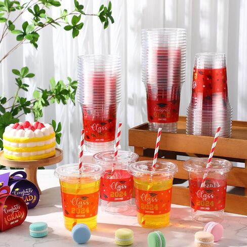 Sliner 100 Set 16 oz 2025 Graduation Plastic Cups with Lids and Straw Disposable Congrats Grad Party Cups for Grad Party Tableware Supplies Decorations(Black) in Saudi Arabia
