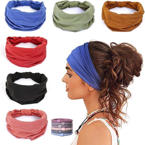 GILI 6 Pack Wide Headbands for Women Non Slip Soft Elastic Hair Bands Yoga Running Sports Workout Gym Head Wraps, Knotted Cotton Cloth African Turbans Bandana (with 6 Pcs Hair Ties) in Saudi Arabia