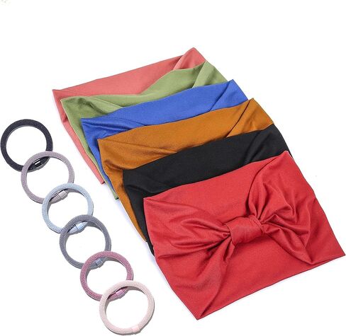 GILI 6 Pack Wide Headbands for Women Non Slip Soft Elastic Hair Bands Yoga Running Sports Workout Gym Head Wraps, Knotted Cotton Cloth African Turbans Bandana (with 6 Pcs Hair Ties) in Saudi Arabia