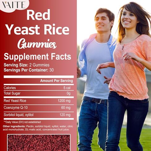 VAITE أرز الخميرة الحمراء مع Coq10 Gummies - 1200 مجم RYR مكمل عضوي مع الإنزيم المساعد Q10 Monacolin K لارتفاع نسبة الكوليسترول وغير معدل وراثيًا وخالي من السيترينين، مضغ عشبي نباتي 60 قطعة in Kuwait
