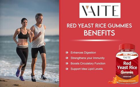VAITE أرز الخميرة الحمراء مع Coq10 Gummies - 1200 مجم RYR مكمل عضوي مع الإنزيم المساعد Q10 Monacolin K لارتفاع نسبة الكوليسترول وغير معدل وراثيًا وخالي من السيترينين، مضغ عشبي نباتي 60 قطعة in Kuwait