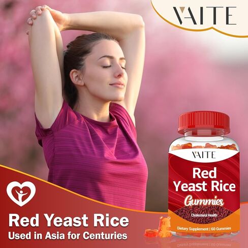 VAITE أرز الخميرة الحمراء مع Coq10 Gummies - 1200 مجم RYR مكمل عضوي مع الإنزيم المساعد Q10 Monacolin K لارتفاع نسبة الكوليسترول وغير معدل وراثيًا وخالي من السيترينين، مضغ عشبي نباتي 60 قطعة in Kuwait