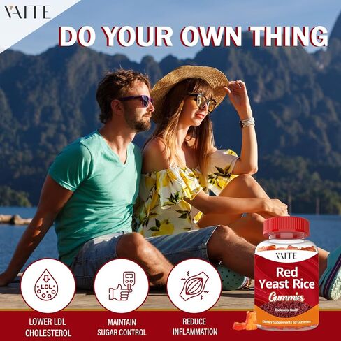 VAITE أرز الخميرة الحمراء مع Coq10 Gummies - 1200 مجم RYR مكمل عضوي مع الإنزيم المساعد Q10 Monacolin K لارتفاع نسبة الكوليسترول وغير معدل وراثيًا وخالي من السيترينين، مضغ عشبي نباتي 60 قطعة in Kuwait