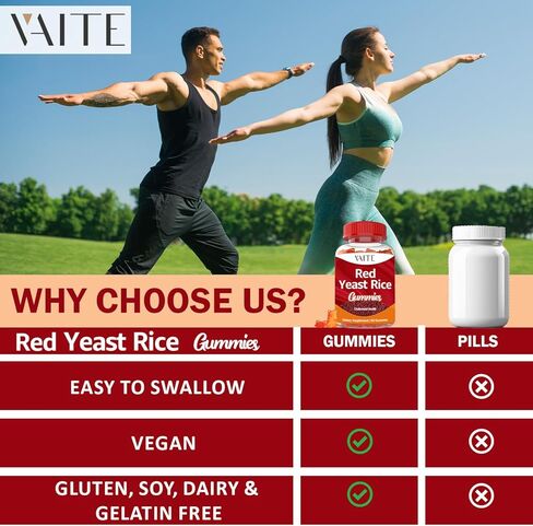 VAITE أرز الخميرة الحمراء مع Coq10 Gummies - 1200 مجم RYR مكمل عضوي مع الإنزيم المساعد Q10 Monacolin K لارتفاع نسبة الكوليسترول وغير معدل وراثيًا وخالي من السيترينين، مضغ عشبي نباتي 60 قطعة in Kuwait