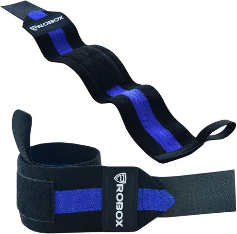 ROBOX Wrist Wraps for Weightlifting - 18" Extreme Wrist Support Braces with Thumb Loops for Heavy Lifting, Crossfit, Powerlifting, Strength Training and Workout - Men and Women (Black-Blue) in Saudi Arabia