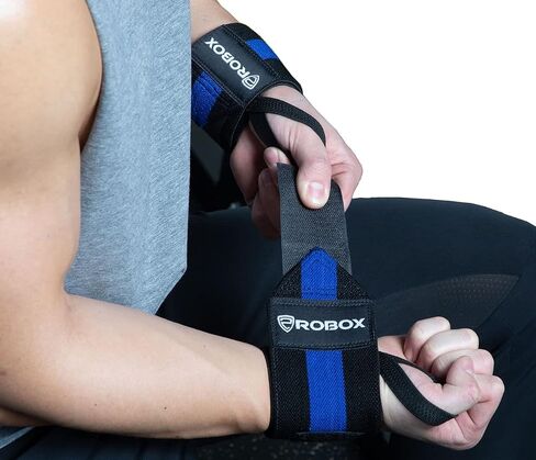 ROBOX Wrist Wraps for Weightlifting - 18" Extreme Wrist Support Braces with Thumb Loops for Heavy Lifting, Crossfit, Powerlifting, Strength Training and Workout - Men and Women (Black-Blue) in Saudi Arabia