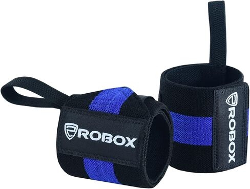 ROBOX Wrist Wraps for Weightlifting - 18" Extreme Wrist Support Braces with Thumb Loops for Heavy Lifting, Crossfit, Powerlifting, Strength Training and Workout - Men and Women (Black-Blue) in Saudi Arabia