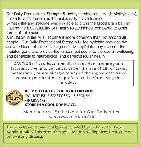Our Daily Vites L-Methylfolate 10 mg / 10000 mcg Maximum Strength Active Folate, 5-MTHF, Filler Free, Gluten Free, Non-GMO, Vegetarian Capsules 90 Count (3 Month Supply) (90) in Saudi Arabia