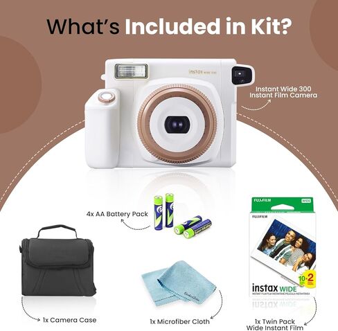 FUJIFILM Instant Wide 300 Instant Film Camera (Toffee) + 1 Twin Pack Wide Instant Film + Camera Case + 4 AA Battery Pack + BluebirdSales Microfiber Cleaning Cloth in Kuwait