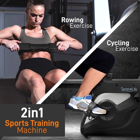 SereneLife 2-in-1 Rowing Machine & Bike - 8 Magnetic Resistance Levels, 264lbs Capacity - Foldable & Portable Cardio Fitness Trainer with LCD Monitor - Promotes Weight Loss, Strength, Stamina Building in Saudi Arabia