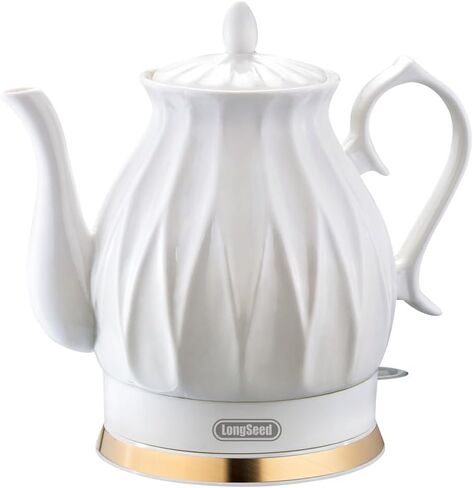 LONGSEED Ceramic Electric Kettle Set with Infuser, and 4 Cups + Saucer, 1.5L/1200W Boil Water Quickly and Easily with Boil-Dry Protection Auto Shut Off, Detachable Swivel Base, Glazed Diamond Cut in Kuwait