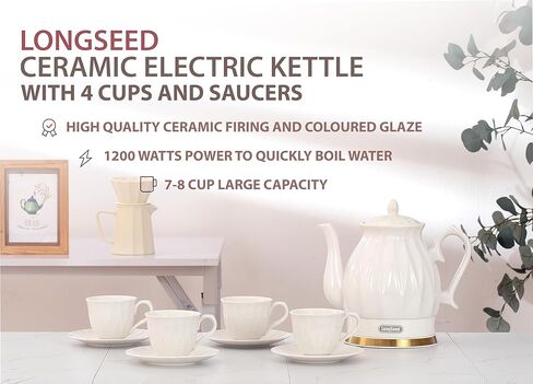 LONGSEED Ceramic Electric Kettle Set with Infuser, and 4 Cups + Saucer, 1.5L/1200W Boil Water Quickly and Easily with Boil-Dry Protection Auto Shut Off, Detachable Swivel Base, Glazed Diamond Cut in Kuwait