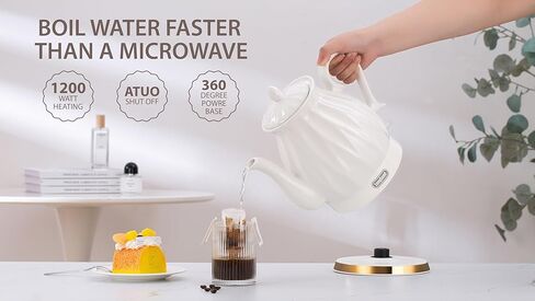 LONGSEED Ceramic Electric Kettle Set with Infuser, and 4 Cups + Saucer, 1.5L/1200W Boil Water Quickly and Easily with Boil-Dry Protection Auto Shut Off, Detachable Swivel Base, Glazed Diamond Cut in Kuwait