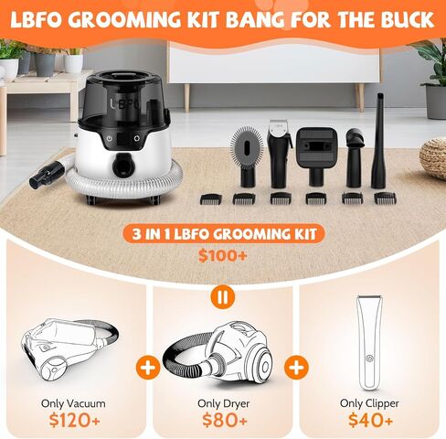 LBFO Dog Grooming Kit, Pet Hair Vacuum and Dog Dryer with 5 Pet Grooming Tools, 600w Dog Grooming Vacuum with 3L Dust Cup Dog Clippers, Low Noise Pet Grooming Kit with Dog Clippers for Grooming in Kuwait