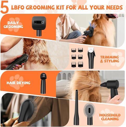 LBFO Dog Grooming Kit, Pet Hair Vacuum and Dog Dryer with 5 Pet Grooming Tools, 600w Dog Grooming Vacuum with 3L Dust Cup Dog Clippers, Low Noise Pet Grooming Kit with Dog Clippers for Grooming in Kuwait