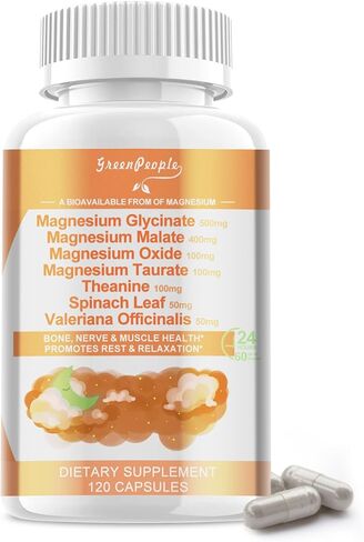 كبسولات جرين بيبول مغنيسيوم جليسينات 500 مجم، مع المالات والتورات والأكسيد وفيتامين د3 | 6 أنواع من الأعشاب | امتصاص عالي | الأعصاب والعضلات والنوم والهضم | نباتي، غير معدّل وراثيًا | 120 كبسولة in Kuwait
