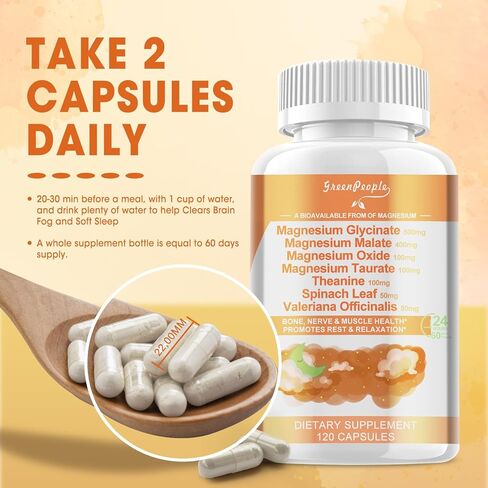 كبسولات جرين بيبول مغنيسيوم جليسينات 500 مجم، مع المالات والتورات والأكسيد وفيتامين د3 | 6 أنواع من الأعشاب | امتصاص عالي | الأعصاب والعضلات والنوم والهضم | نباتي، غير معدّل وراثيًا | 120 كبسولة in Kuwait