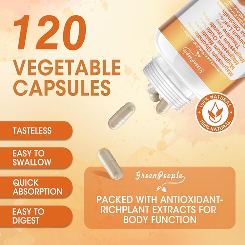 كبسولات جرين بيبول مغنيسيوم جليسينات 500 مجم، مع المالات والتورات والأكسيد وفيتامين د3 | 6 أنواع من الأعشاب | امتصاص عالي | الأعصاب والعضلات والنوم والهضم | نباتي، غير معدّل وراثيًا | 120 كبسولة in Kuwait