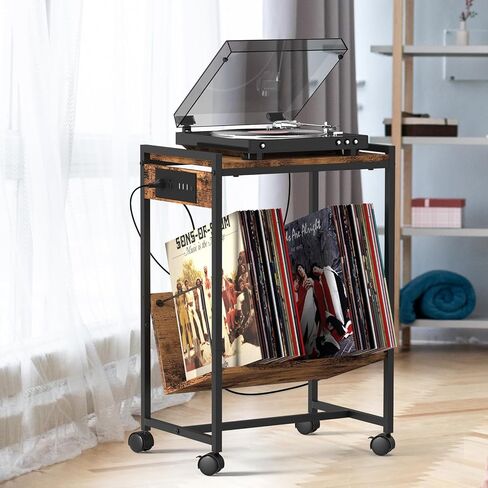 CADUKE Record Player Stand 2 Tier Vinyl Record Stand with Storage Vinyl Record Rolling Cart with Wheels Industrial Nightstand with Charging Station for Bedroom, Brown in Saudi Arabia