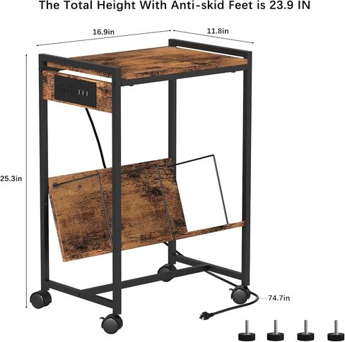 CADUKE Record Player Stand 2 Tier Vinyl Record Stand with Storage Vinyl Record Rolling Cart with Wheels Industrial Nightstand with Charging Station for Bedroom, Brown in Saudi Arabia
