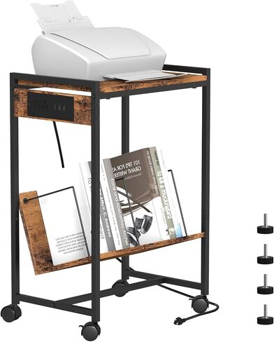 CADUKE Record Player Stand 2 Tier Vinyl Record Stand with Storage Vinyl Record Rolling Cart with Wheels Industrial Nightstand with Charging Station for Bedroom, Brown in Saudi Arabia