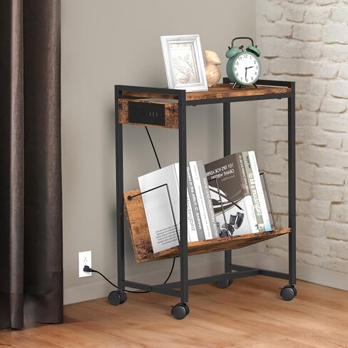 CADUKE Record Player Stand 2 Tier Vinyl Record Stand with Storage Vinyl Record Rolling Cart with Wheels Industrial Nightstand with Charging Station for Bedroom, Brown in Saudi Arabia