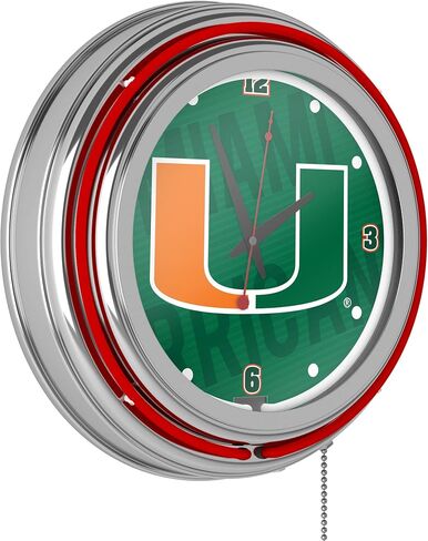 Trademark Global Neon Clock - Retro University of Miami Wordmark Analog Wall Clock with Pull Chain - for Kitchen, Garage, Game Room, or Home Bar in Saudi Arabia