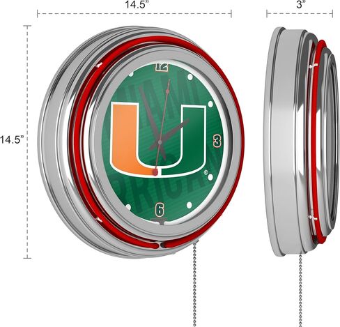 Trademark Global Neon Clock - Retro University of Miami Wordmark Analog Wall Clock with Pull Chain - for Kitchen, Garage, Game Room, or Home Bar in Saudi Arabia