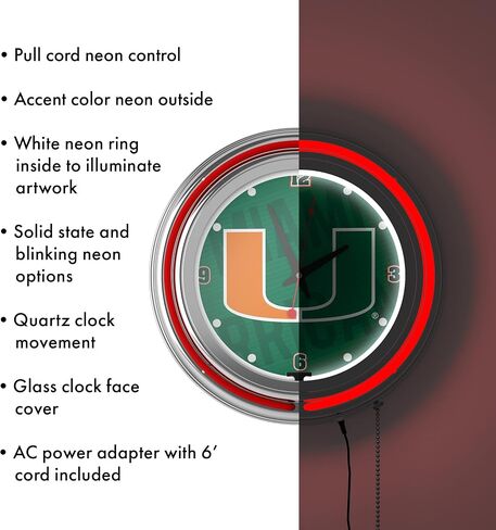 Trademark Global Neon Clock - Retro University of Miami Wordmark Analog Wall Clock with Pull Chain - for Kitchen, Garage, Game Room, or Home Bar in Saudi Arabia