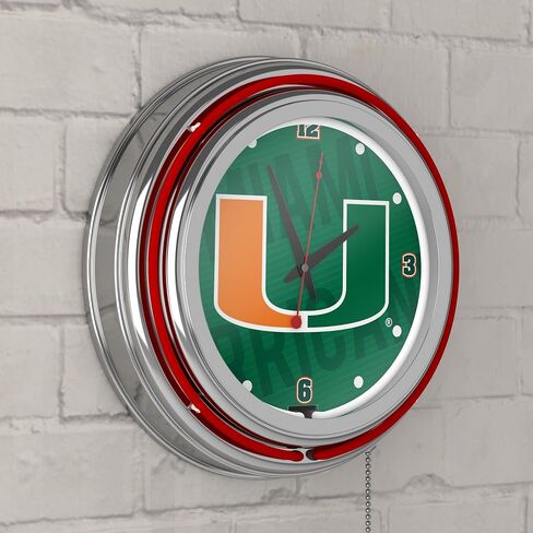 Trademark Global Neon Clock - Retro University of Miami Wordmark Analog Wall Clock with Pull Chain - for Kitchen, Garage, Game Room, or Home Bar in Saudi Arabia