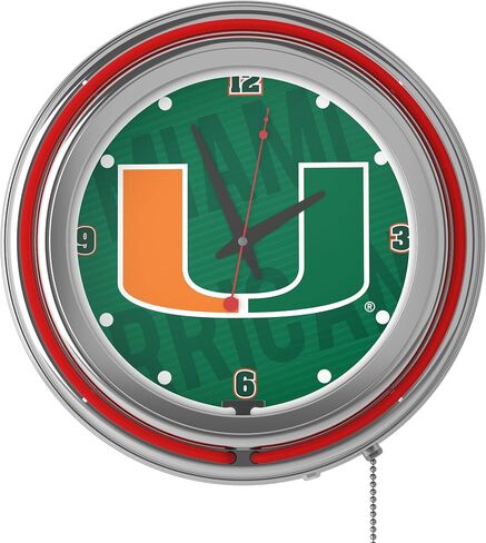 Trademark Global Neon Clock - Retro University of Miami Wordmark Analog Wall Clock with Pull Chain - for Kitchen, Garage, Game Room, or Home Bar in Saudi Arabia