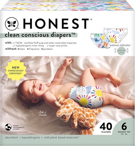 شركة صادقة حفاضات نظيفة واعية | نباتي ومستدام | مطبوعات طبعة محدودة | صندوق النادي، مقاس 6 (+35 رطلاً)، 40 قطعة in Kuwait