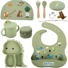SiliTime Dinosaur-Themed Silicone Baby Feeding Set – Suction Mat with Food Catcher & Pacifier – 8-Piece BPA-Free Toddler Mealtime Essentials for Baby-Led Weaning in Kuwait