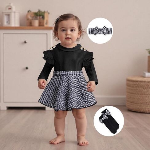 Newborn Baby Girl Fall Winter Clothes Cute Ruffle Bow Romper Dress+Socks+Headband Infant Girl Outfits in Saudi Arabia